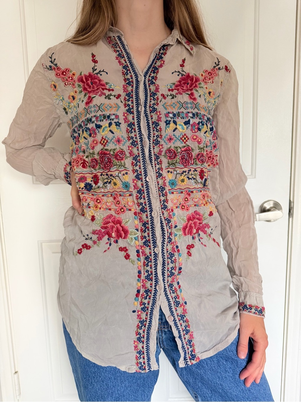 Johnny Was Taupe Button-Down Shirt with Pink & Multicolor Embroidery
